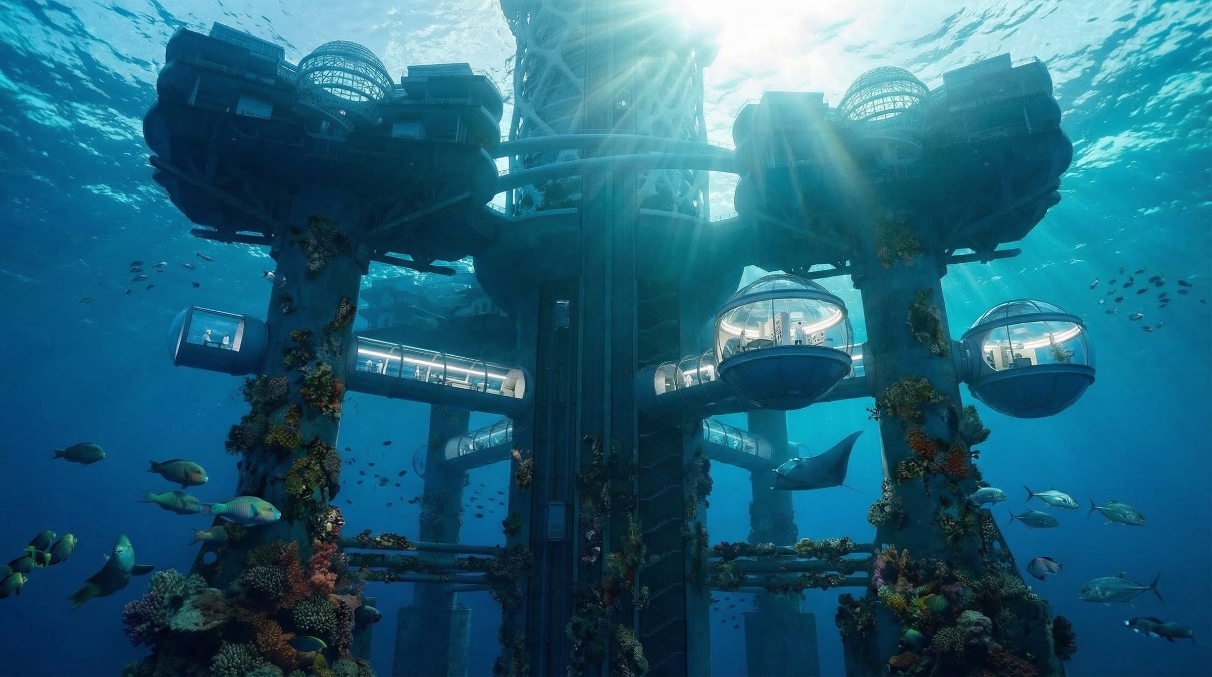 Beneath the lagoon surface, observation spheres and research pods cluster around the coral-encrusted support columns.