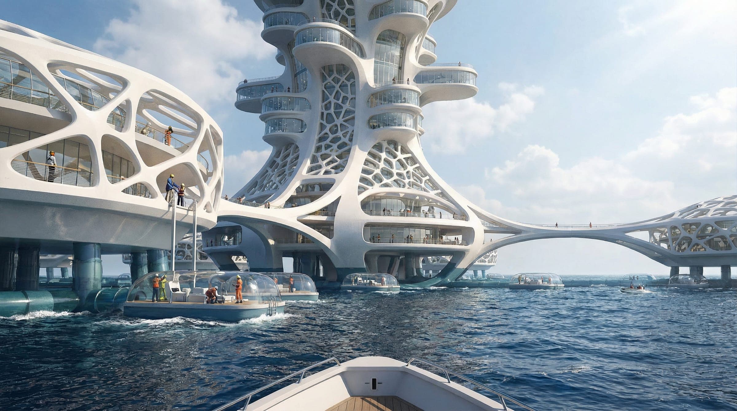 Arrival by water - electric tenders dock beneath the lattice towers of the archipelago headquarters.