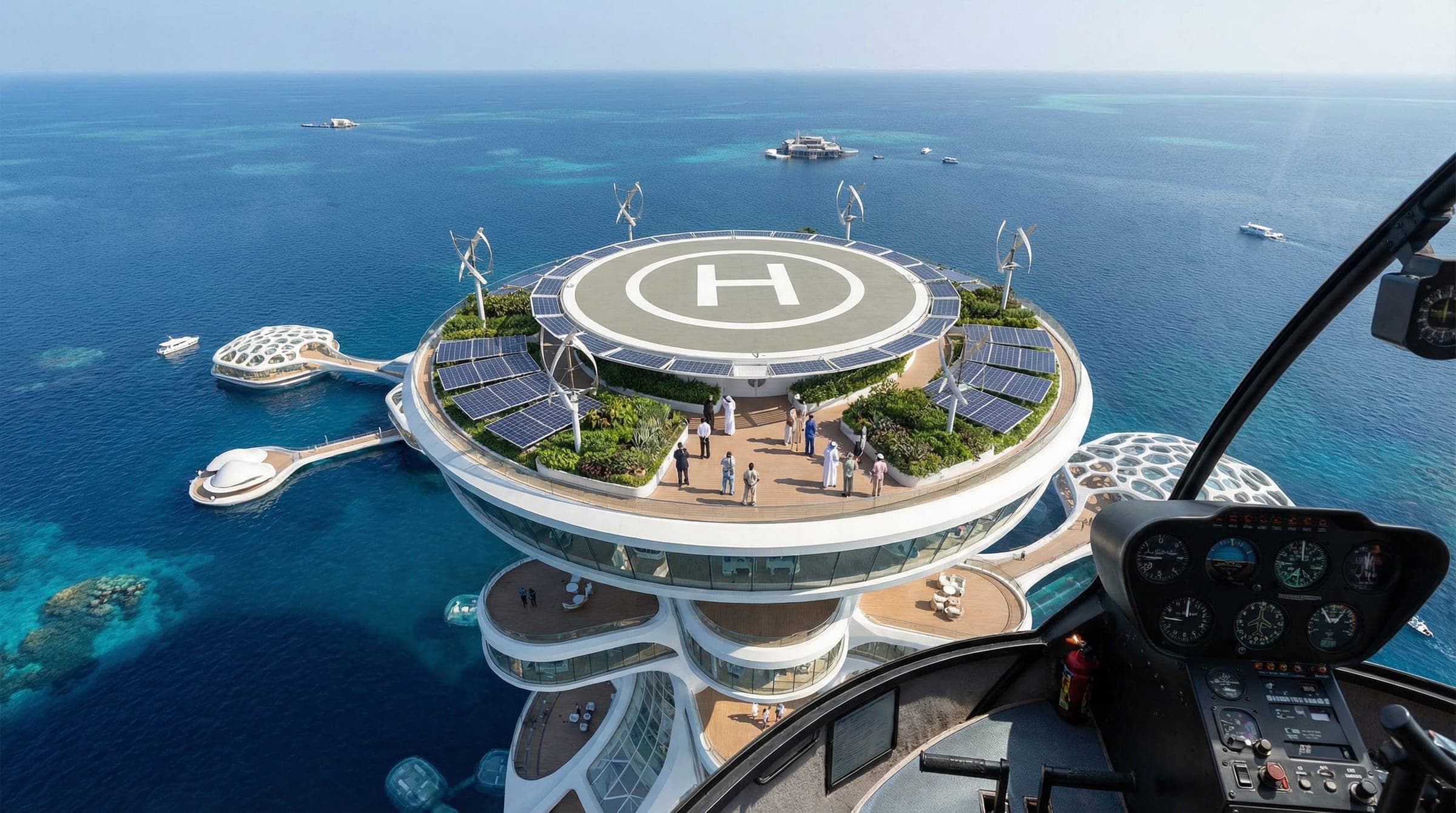 The helipad crown, ringed by solar arrays, vertical-axis wind turbines and rooftop gardens.