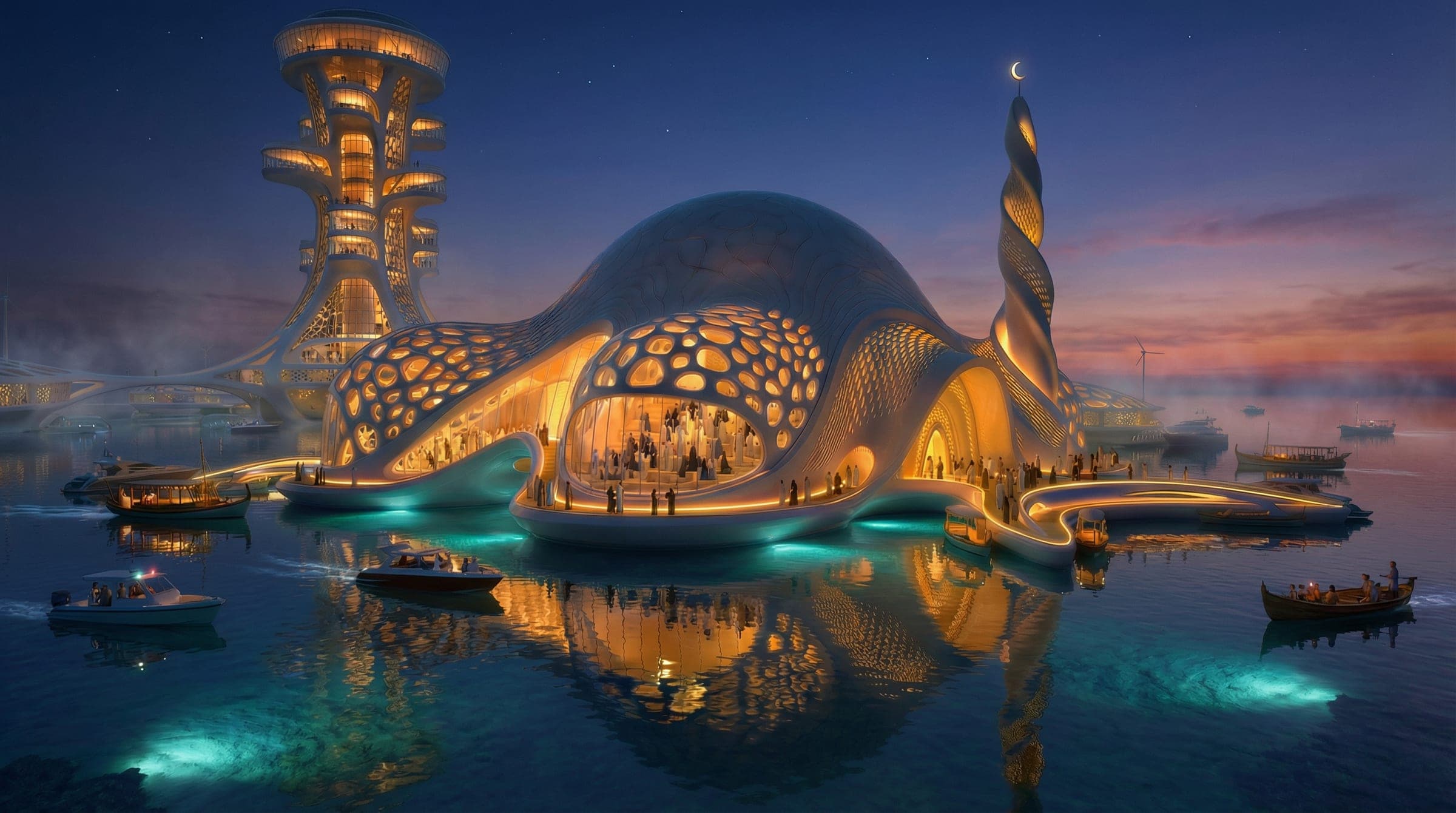 The floating mosque at dusk, its woven shell and spiral minaret lit above the reef.