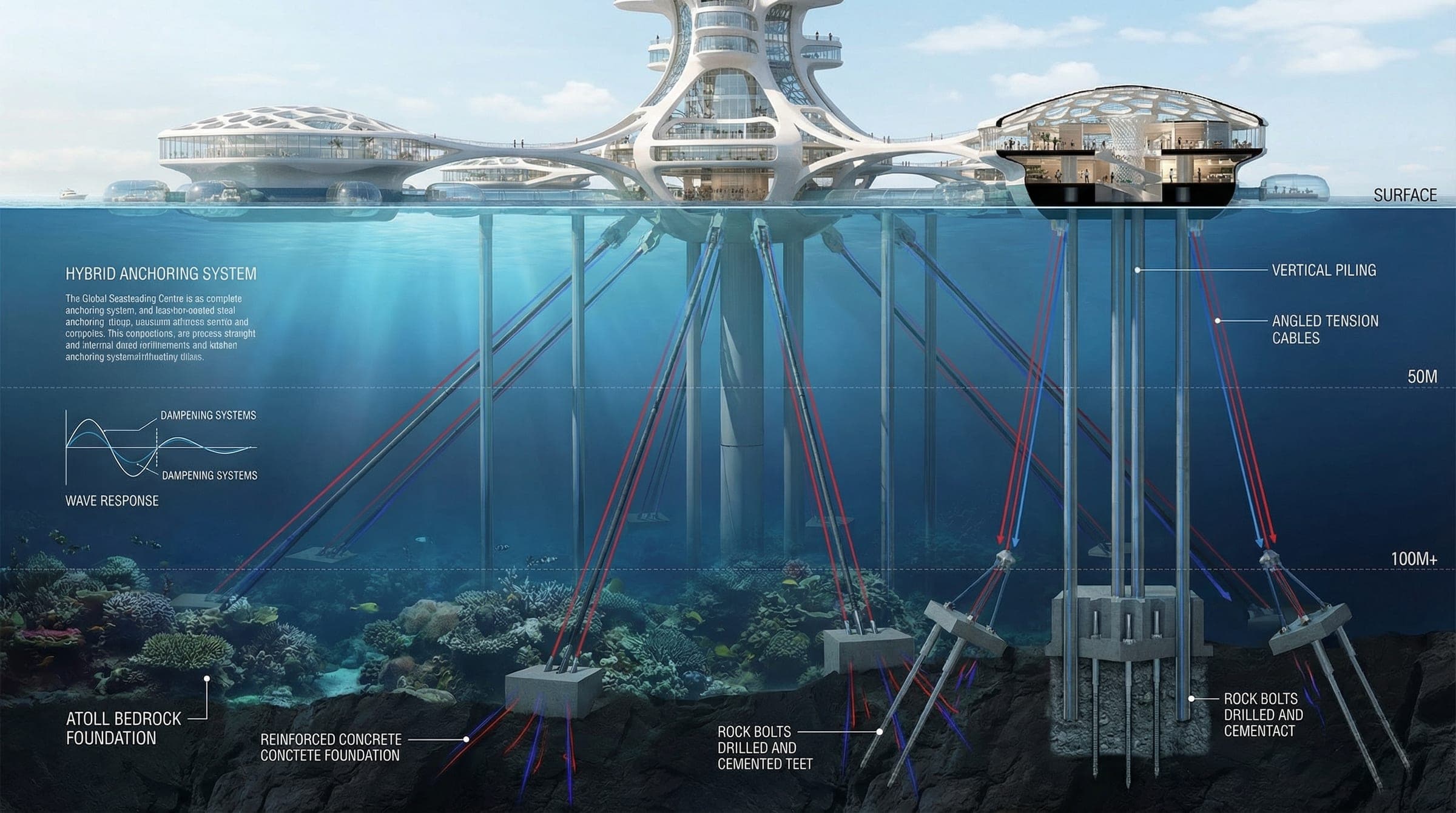 Sectional study of the hybrid anchoring system - vertical piling and angled tension cables rock-bolted into the atoll bedrock.
